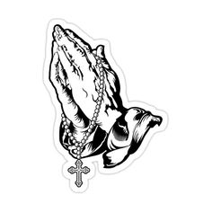 a black and white drawing of a praying hand with rosary on it's end