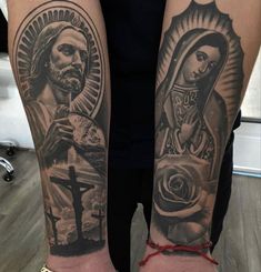 two people with tattoos on their arms and one has a cross, the other is a rose