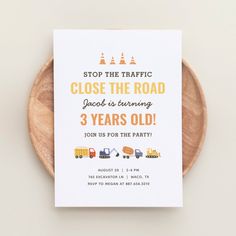 Celebrate your little one's special day with this simple construction vehicle birthday party invitation! Construction Birthday Party Invite, Excavator Birthday Party Invitation, Car Truck Themed Birthday Party, Boy Third Birthday Theme, Construction Birthday Invitations, Construction Birthday Party, Birthday Party Design, Third Birthday Party, Truck Birthday