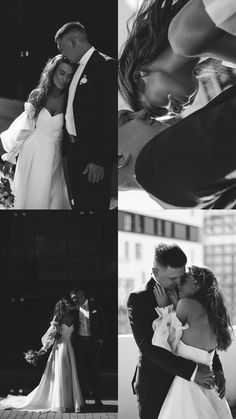 black and white photos of a bride and groom kissing