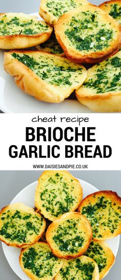 broccoli and garlic bread on a white plate with text overlay that reads cheesy brioche garlic bread