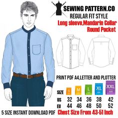 Mandarin Collar Long Sleeve Dress Shirt Sewing Pattern PDF FOR MEN (Size US34-42,EU44-52) Shirt Style Details : ----------------------------- ✂ SEWING PATTERN MODEL ✂ ----------------------------- ✓ Mandarin Collar ✓ Round Conner Cut 2 button ✓ Front placket with classic round pocket ✓ Back  with box pleats ✓ Curve bottom hem. Sizes S,M,L,XL,2XL   (US  34 - 42) MEASUREMENTS: Finished Chest From :              110 cm  or 43  inches - 130 cm or 51 inches Finished Shirt length  From:    76 cm or 30 Dress Shirt Sewing Pattern, Shirt Sewing, Shirt Sewing Pattern, Collar Pattern, Sewing Skills, Long Sleeve Shirt Dress, Shirt Pattern, Mandarin Collar, Denim Fabric