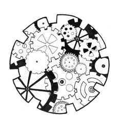 a black and white drawing of gears in the shape of a circle on a white background