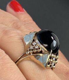 HUGE 14K Yellow Gold Diamond Onyx Cabochon Etruscan Revival Vintage Ring Sz 6.5 | eBay Vintage Onyx Ring Eragem, Onyx Jewelry, Cabochon Jewelry, Vintage Ring, Oval Cabochon, Vintage Diamond, Gold Beads, Cocktail Rings, Black Onyx