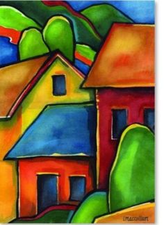 an abstract painting of houses with mountains in the background