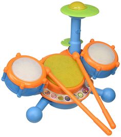 an orange and blue toy drum set on a white background