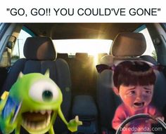 two children in the back seat of a car, one with an alien head and another with