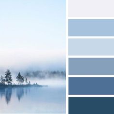 the color scheme is blue and gray, with trees in the fog on the water