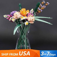 a vase filled with lots of flowers on top of a table next to a sign that says ship from usa