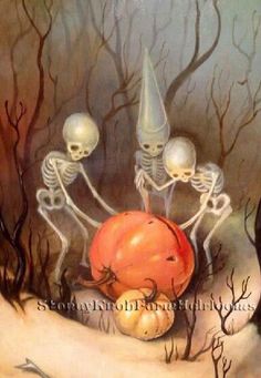 there is a painting with skeletons and pumpkins in the foreground, one skeleton holding an orange ball