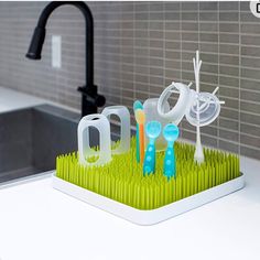 toothbrushes and combs in a holder on the counter next to a sink