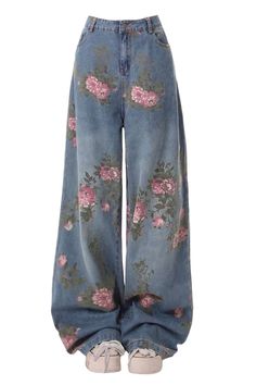 floral print wide jeans, blue floral denim pants with rose print, cute jeans, aesthetic baggy jeans Aesthetic Baggy Jeans, Y2k Outfits Ideas, Y2k Aesthetic Clothes, Floral Denim Pants, Jeans Aesthetic, Y2k Outfit Ideas, Floral Jeans, Floral Denim, Y2k Outfits