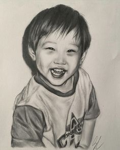 a black and white drawing of a young boy with his mouth wide open, smiling