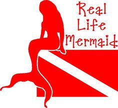 the logo for real life mermaids is red and white with a woman sitting on it