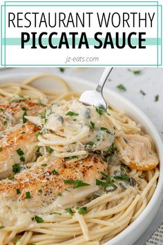 a fork taking a bite of chicken piccata Lemon Piccata Sauce Recipe, Pork Piccata Recipes, Lemon Piccata Sauce, Chicken Piccata Sauce Recipe, Chicken Piccata Sauce, Picatta Sauce, Pork Picatta Recipes, Salmon Piccata Recipe, Piccata Sauce Recipe