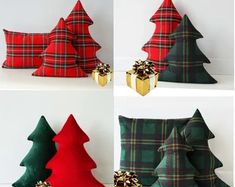 four different types of pillows with christmas trees on them