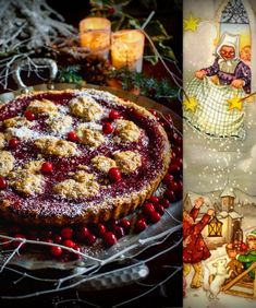 a christmas cake with cranberry toppings on top and an image of a nativity scene in the background