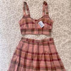 Never Worn, New With Tags, Two-Piece Set With Elastic Waist Two Piece Plaid Skirt Set, Fitted Plaid Sets For Spring, Pink Cotton Sets For Day Out, Casual Pink Cropped Set, Casual Summer Plaid Sets, Casual Plaid Summer Sets, Casual Plaid Sets For Summer, Pink Plaid Skirt, Black Floral Shirt