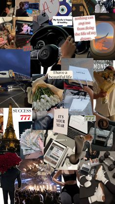 collage of various images with words and pictures on them, including the eiffel tower