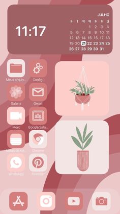 an image of a phone screen with the calendar and icons in pinks on it