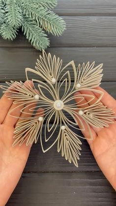 two hands are holding an ornament made out of paper and string, with pine branches in the background