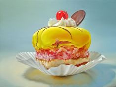 a painting of an ice cream sundae with cherries on top