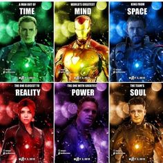 the many faces of iron man in different colors and sizes, with words above them