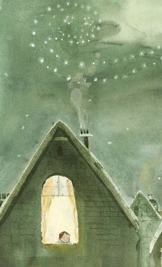 an illustration of a man looking out the window at night with stars in the sky