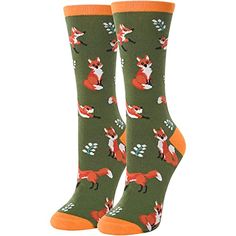 FOX SOCKSFox socks women, fox socks for girls. Look at the cute fox sox in green with leaves, foxes are staring at you or walk at a brisk pace, or stretch themselves. They're elves of course! Elf only exists in fairy, while fox is the elf in nature. They're agile, smart and beautiful. Just put on fox socks, then you can follow theSIZE & PACKINGSock size 9-11 fits for women shoe size 4 to 9; 1 pair socks gift packed in one zipper bag. Great animal socks for women.QUALITY MATERIALWe use 80% co Fox Things To Buy, Fox Socks, Socks Gifts, Animal Socks, Fox Face, Fox Lover, Backyard Flowers, Fox Gift