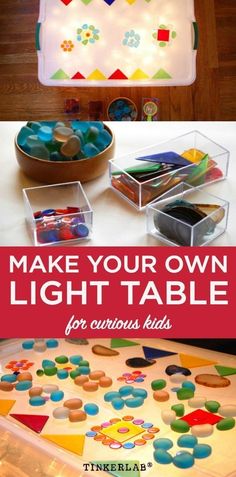 the light table is made from plastic cups and has colorful buttons on it, with text overlay that reads make your own light table for curious kids