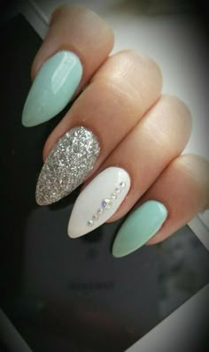 Almond Nails. White And Silver Hauls. Nails With Rhinestones. Blue nails. Acrylic Nails. #AcrylicNailsAlmond #beautifulacrylicnails Acrylic Nail Shapes, Fishtail Braid, Almond Acrylic Nails, Super Nails, Gel Nail Design, Crystal Nails, Gel Nail Designs, Nail Shapes