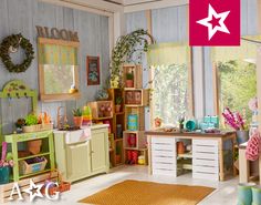 a child's playroom with toys and decorations on the walls, windows, and rugs