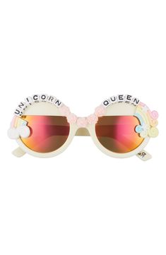 Embrace your inner unicorn with these retro-chic round sunglasses embellished with rainbows, flowers and beads. Style Name:Rad + Refined Unicorn Queen Round Sunglasses. Style Number: 6050264. Available in stores. White Sunglasses For Summer Festival, White Festival Sunglasses For Summer, Playful Tinted Lens Sunglasses For Festival, Rainbow Sunglasses With Uv Protection For Summer, Festival Fun Sunglasses With Gradient Lenses, White Tinted Festival Sunglasses, Fun Festival Sunglasses With Gradient Lenses, Summer Festival White Sunglasses, Novelty Tinted Sunglasses For Summer