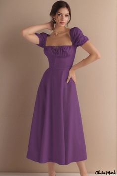 Olivia Mark - Elegant Bubble Sleeves Long Dress Set Purple L, Dress Collar, High Waist Dress, Bubble Sleeve, Sleeves Clothing, Elegant Dresses Long, U Neck, Dress Set, Types Of Skirts