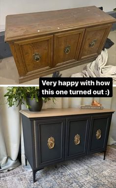 an old dresser has been painted black with gold hardware and is being used as a sideboard