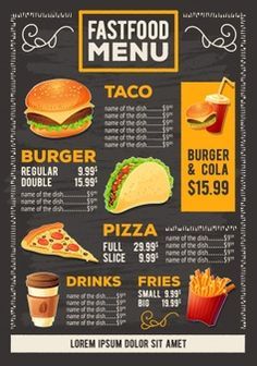 the menu for fast food restaurant on blackboard with price list, order and other items