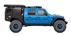 a blue jeep with black wheels and an awora logo painted on it's side