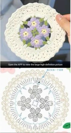 crocheted doily with flowers in the middle and an image of a hand holding it