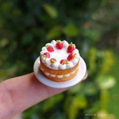 a miniature cake with strawberries on top is being held by a person's finger