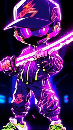 a cartoon character holding a baseball bat in front of a purple background with neon lights