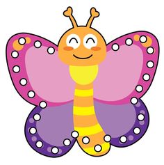 a colorful butterfly with polka dots on it's wings is smiling at the camera