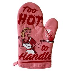 a pink oven mitt with an image of a woman holding a hot dog on it