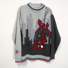 Vintage 2001 Marvel Spider-Man City Skyline Knit Sweater Adult Size Medium Worn Sweaters Vintage, Man City, Sweaters Crewneck, Marvel Spiderman, City Skyline, Knit Sweater, Spiderman, Knitted Sweaters, Men Sweater