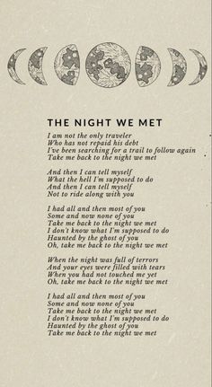 the night we met poem written in black ink on white paper with an image of four phases