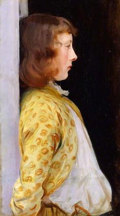 a painting of a woman standing in front of a purple wall and looking out the window