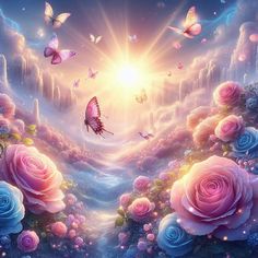 a painting of pink roses and butterflies in the sky with sunlight coming through them,