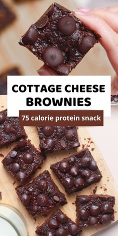 chocolate brownies stacked on top of each other with text overlay reading cottage cheese brownies 75 calorie protein snack