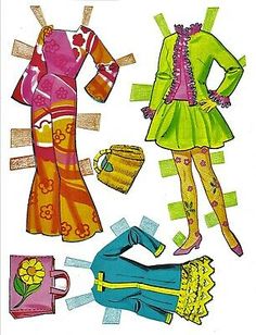 the paper doll is dressed in colorful clothes