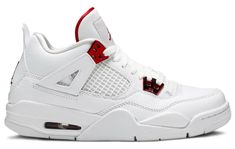 JORDAN 4 RETRO METALLIC RED (GS) The punch these Air Jordan 4 Metallic Red GS sneakers give cannot be underestimated! In just one pair of trainers, you can experience heritage styling, an iconic silhouette, and the classic look of the Air Jordan 4s, as well as intricate red detailing. Shine on home with the metallic red lace holders standing out proudly against the minimalistic white leather shoe and classic Air Jordan sole. With an incredibly comfy sole, feel like you’re walking on pure air and Jordan 4 Metallic Red, Jordan 4 Retro Metallic, Jordan Model, Jordan 4s, White Leather Shoes, Jordan 4 Retro, Air Jordan 4, Air Jordan 4 Retro, Sport Sneakers