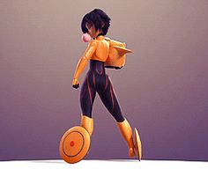 an animated woman in black and orange is holding a frisbee while standing on a white surface